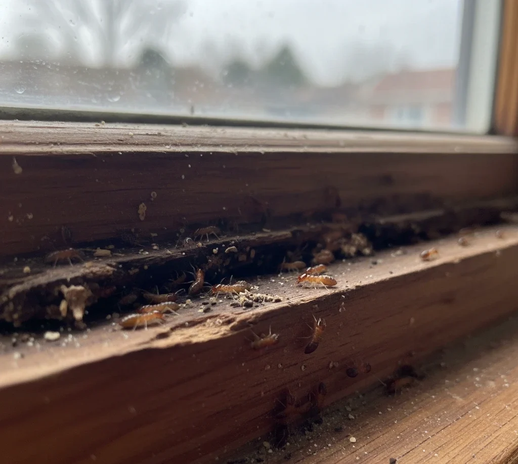 rayap kayu basah di kusen jendela